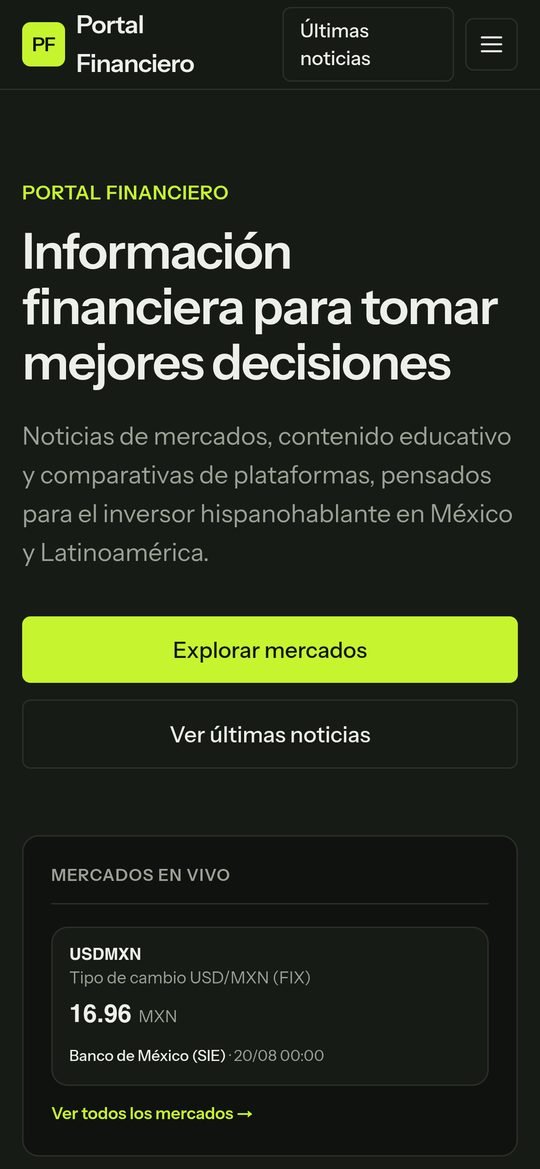 Portada en celular: el titular «Información financiera para tomar mejores decisiones» y debajo el bloque de mercados en vivo