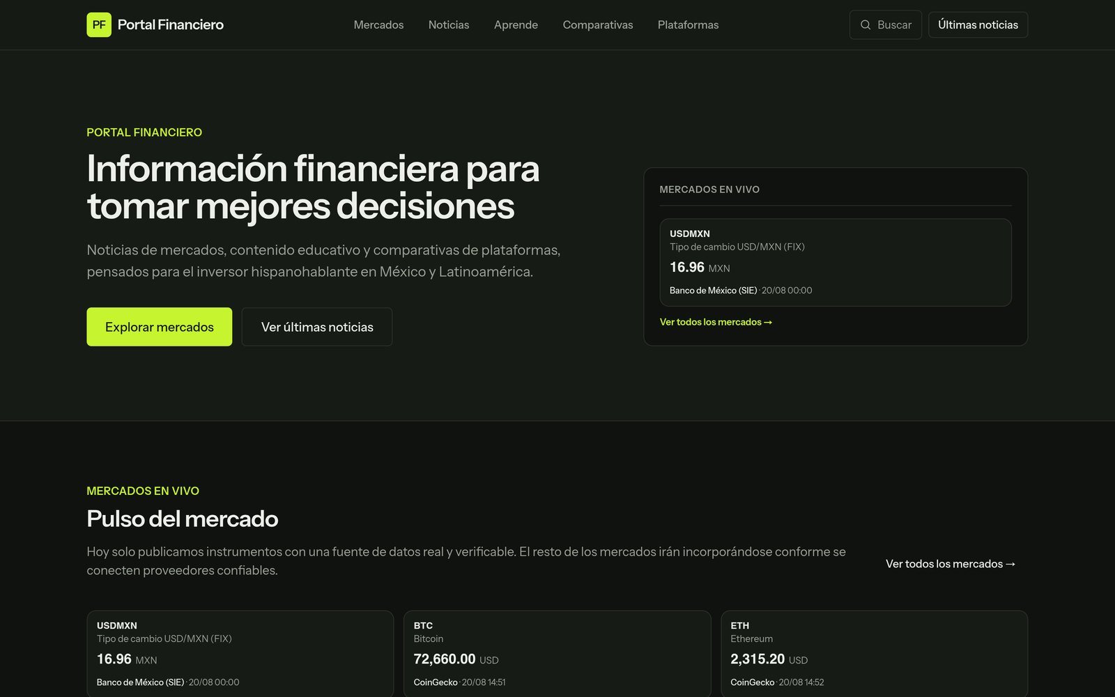 Portada de Portal Financiero: el bloque de mercados en vivo con el tipo de cambio, Bitcoin y Ethereum