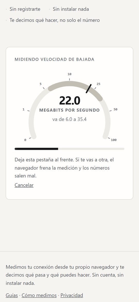 El velocímetro a media medición, con la aguja fuera del centro, el rastro gris marcando por dónde ha ido y la leyenda «va de 6.0 a 35.4» debajo de la cifra