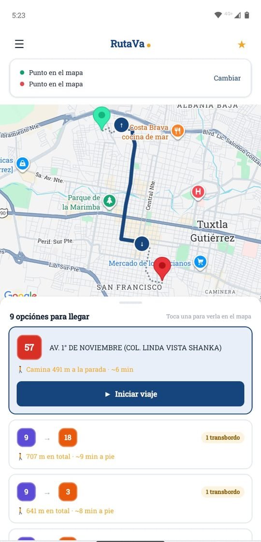Pantalla de resultados: nueve opciones para llegar, con la ruta trazada en el mapa