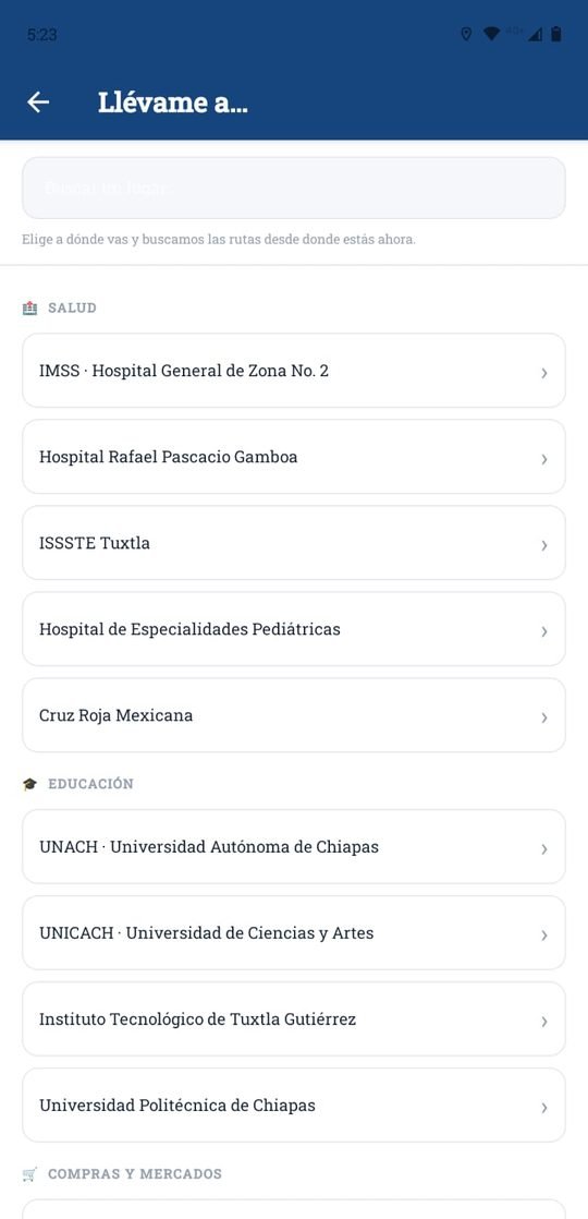 Llévame a: lista de lugares conocidos agrupados por salud, educación y mercados