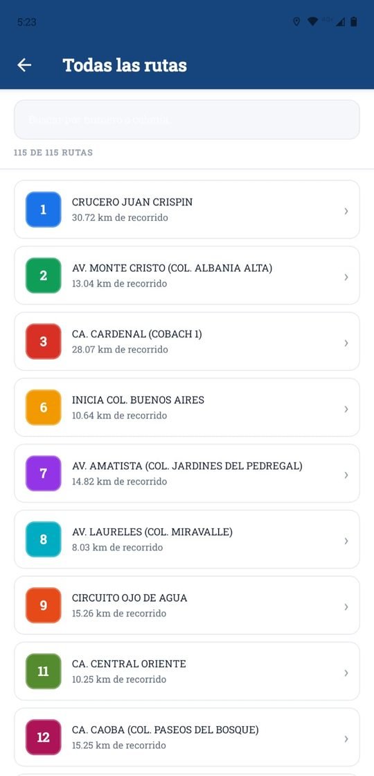 Catálogo de las 115 rutas, cada una con su número de color y su kilometraje